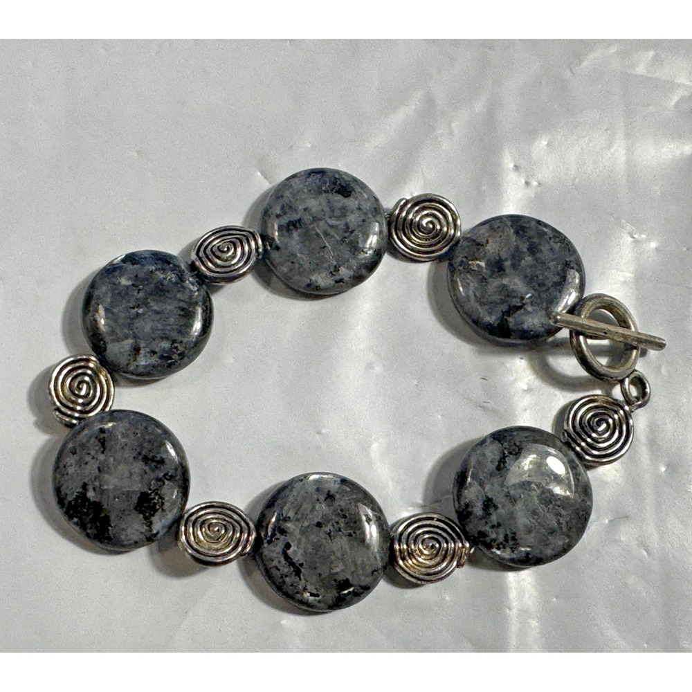 Round Stone Bead Toggle Bracelet Silver Tone Spiral Spacers 7 Inch Boho